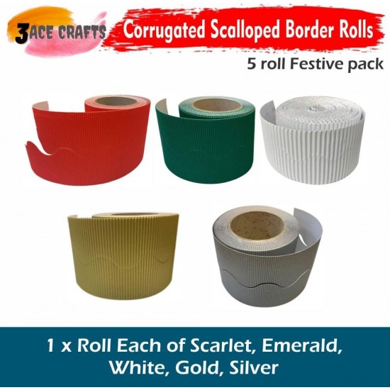 Corrugated Border Rolls - Pack of 5 Festive (Scarlet, Emerald, White, Gold, Silver) – 57mm x 15m
