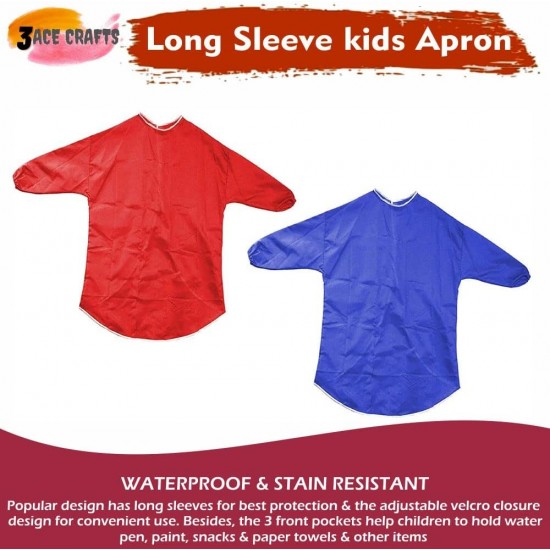 Kids Art Aprons (Red & Blue, Set of 2) – 65 cm, Waterproof with Sleeves & Elastic Cuffs for Painting & Cooking