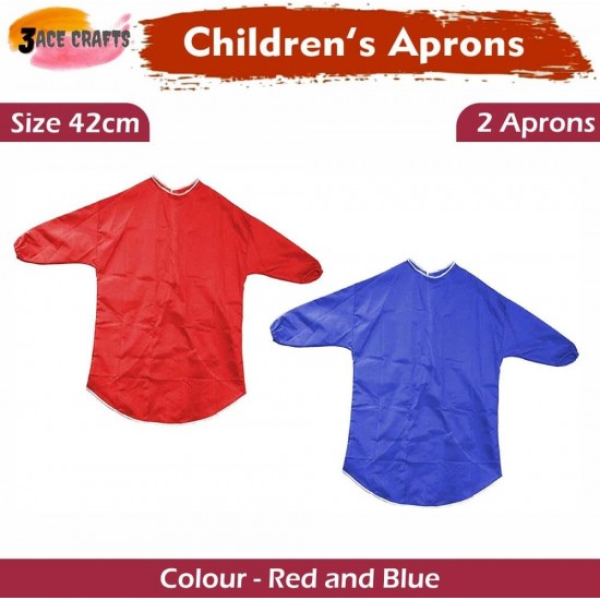 Kids Art Aprons (Red & Blue, Set of 2) – 42 cm, Waterproof with Sleeves & Elastic Cuffs for Painting & Cooking