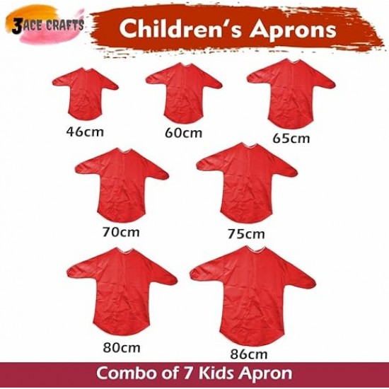 Kids Art Apron Combo (Red, Set of 7) – 46–86cm, Waterproof with Sleeves & Cuffs for Painting & Cooking