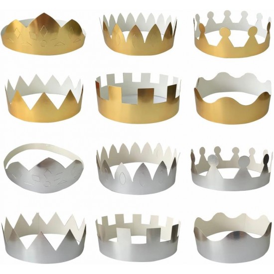 Make-Your-Own Paper Crowns (Set of 12) 6 Gold and 6 Silver  – 18cm, DIY Craft Kit for Parties & Celebrations	