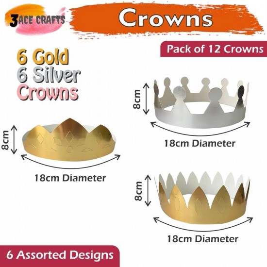 Make-Your-Own Paper Crowns (Set of 12) 6 Gold and 6 Silver  – 18cm, DIY Craft Kit for Parties & Celebrations	