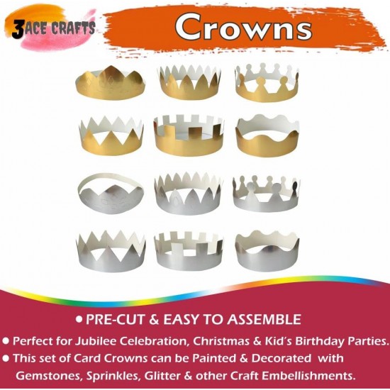 Make-Your-Own Paper Crowns (Set of 12) 6 Gold and 6 Silver  – 18cm, DIY Craft Kit for Parties & Celebrations	