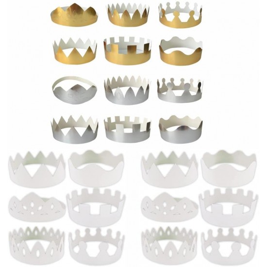 Make-Your-Own Paper Crowns (Set of 24) 6 Gold, 6 Silver and 12 White – 18cm, DIY Craft Kit for Parties & Celebrations