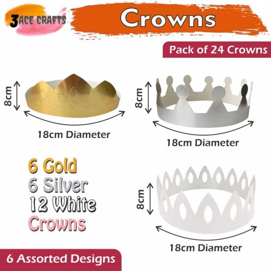 Make-Your-Own Paper Crowns (Set of 24) 6 Gold, 6 Silver and 12 White – 18cm, DIY Craft Kit for Parties & Celebrations