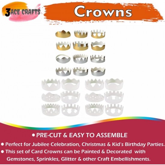 Make-Your-Own Paper Crowns (Set of 24) 6 Gold, 6 Silver and 12 White – 18cm, DIY Craft Kit for Parties & Celebrations