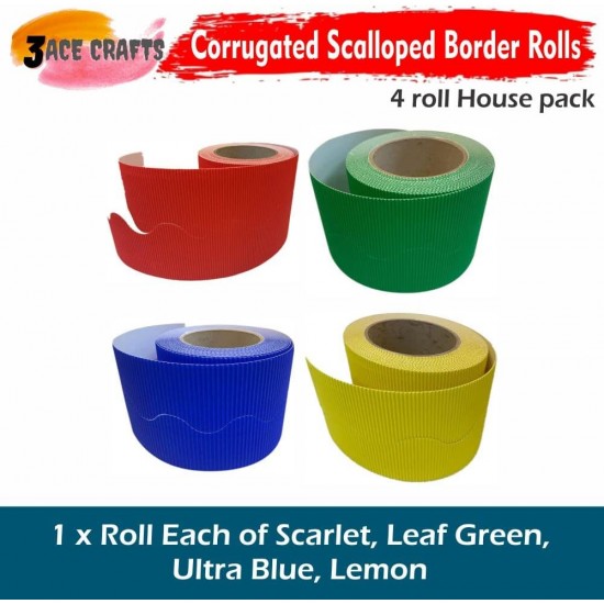 Corrugated Border Rolls - Pack of 4 House (Scarlet, Leaf Green, Ultra Blue, Lemon) – 57mm x 15m