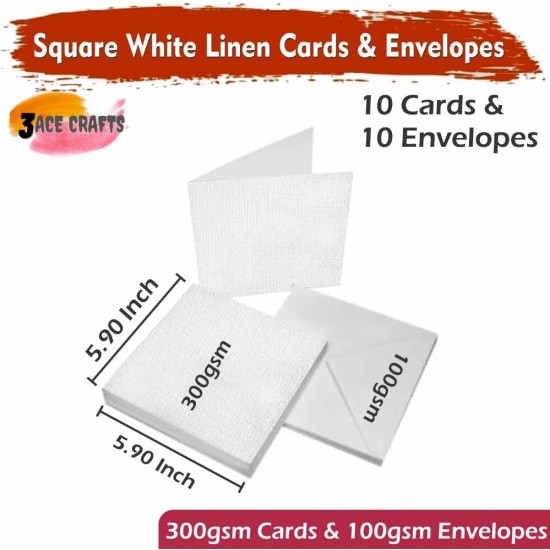White Blank Cards & Envelopes (Pack of 10) - Square Linen 150mm – Cardmaking Kit for All Occasions