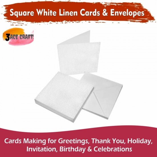 White Blank Cards & Envelopes (Pack of 10) - Square Linen 150mm – Cardmaking Kit for All Occasions