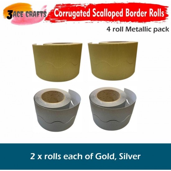 Corrugated Border Rolls - Pack of 4 Metallic (Gold, Silver) – 57mm x 15m