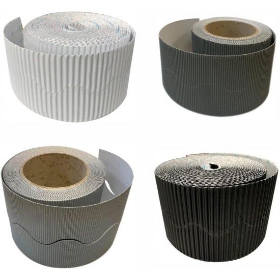 Corrugated Border Rolls - Pack of 4 Monochrome (Black, White, Silver, Grey) – 57mm x 15m
