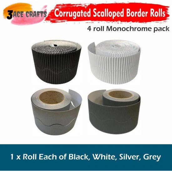 Corrugated Border Rolls - Pack of 4 Monochrome (Black, White, Silver, Grey) – 57mm x 15m