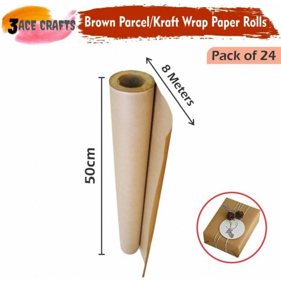 Kraft Paper Rolls (Pack of 24), Brown, 8m x 50cm, – Perfect for Wrapping Gifts, Bouquets, Posters & DIY Crafts