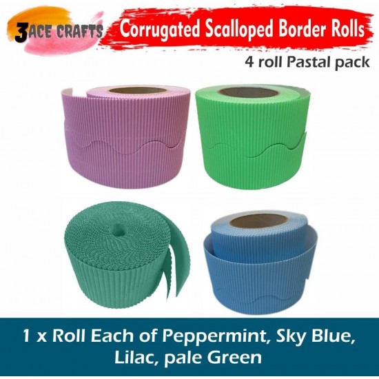 Corrugated Border Rolls - Pack of 4 Pastel (Peppermint, Sky Blue, Lilac, Pale Green) – 57mm x 15m