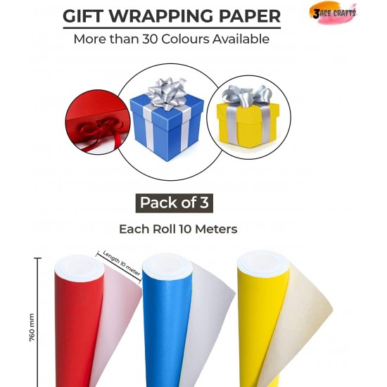 Poster Paper Roll (Pack of 3) – Scarlet, Ultra Blue & Yellow, 10m x 76cm, Ideal for Art, Gift Wrap & Decor