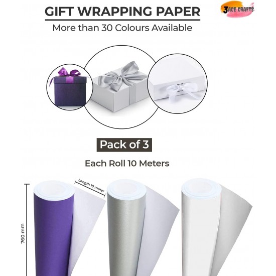 Poster Paper Roll (Pack of 3) – Purple, Silver & White, 10m x 76cm, Ideal for Art, Gift Wrap & Decor