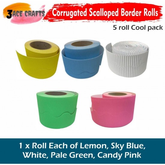 Corrugated Border Rolls - Pack of 5 Cool (Yellow, Blue, White, Green, Pink) – 57mm x 15m