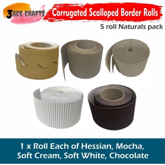 Corrugated Border Rolls - Pack of 5 Natural (Hessian, Mocha, Soft Cream, Soft White, Chocolate) – 57mm x 15m