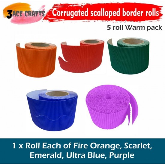 Corrugated Border Rolls - Pack of 5 Warm (Scarlet, Orange, Ultra Blue, Emerald, Purple) – 57mm x 15m