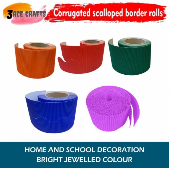 Corrugated Border Rolls - Pack of 5 Warm (Scarlet, Orange, Ultra Blue, Emerald, Purple) – 57mm x 15m