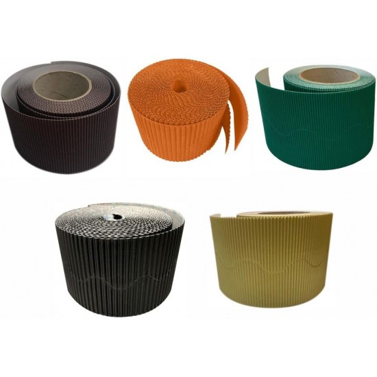 Corrugated Border Rolls - Pack of 5 Woodland (Chocolate Brown, Orange, Emerald Green, Black, Gold) – 57mm x 15m