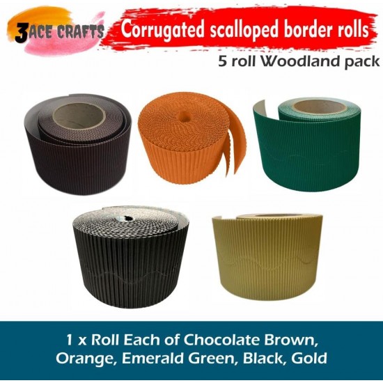 Corrugated Border Rolls - Pack of 5 Woodland (Chocolate Brown, Orange, Emerald Green, Black, Gold) – 57mm x 15m
