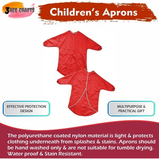 Kids Art Apron (Red) – 65 cm, Waterproof with Half Sleeves & Elastic Cuffs for Painting & Cooking