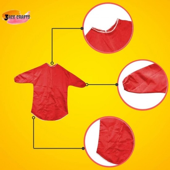 Kids Art Apron (Red) – 65 cm, Waterproof with Half Sleeves & Elastic Cuffs for Painting & Cooking