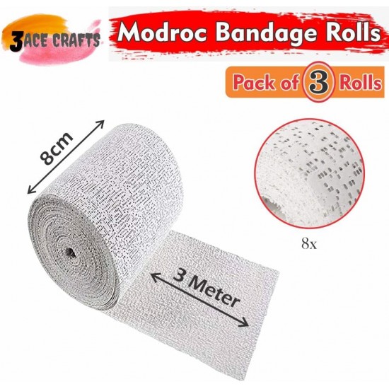  Modroc Plaster Bandage Rolls – (Pack of 3  ), 8cm x 3m Ideal for Moulding, Casting & Papier Mache