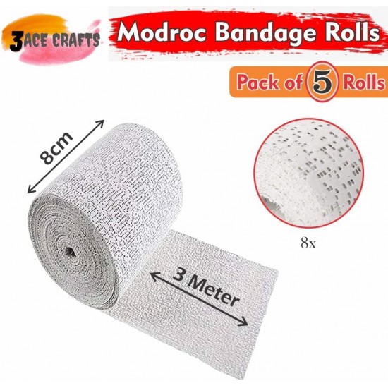 Modroc Plaster Bandage Rolls – (Pack of 5 ), 8cm x 3m Ideal for Moulding, Casting & Papier Mache