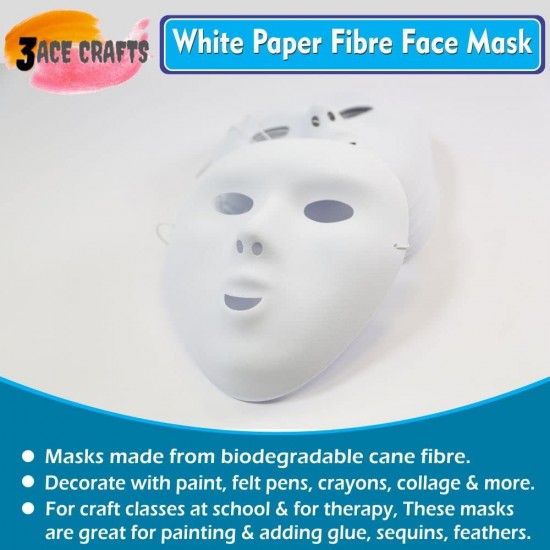 White Paper Fibre Face Mask (Pack of10) - Eco-Friendly Cane Fibre Ideal for Painting with Crayons, Felt pens ,Halloween Parties & DIY Activities