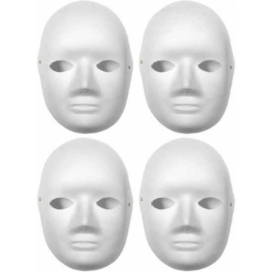 White Paper Fibre Face Mask (Pack of 4) - Eco-Friendly Cane Fibre Ideal for Painting with Crayons, Felt pens ,Halloween Parties & DIY Activities