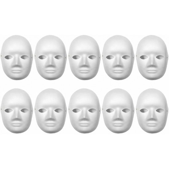 White Paper Fibre Face Mask (Pack of10) - Eco-Friendly Cane Fibre Ideal for Painting with Crayons, Felt pens ,Halloween Parties & DIY Activities