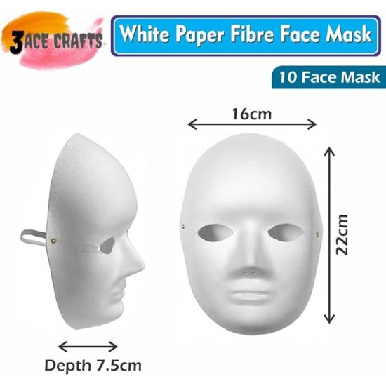 White Paper Fibre Face Mask (Pack of10) - Eco-Friendly Cane Fibre Ideal for Painting with Crayons, Felt pens ,Halloween Parties & DIY Activities