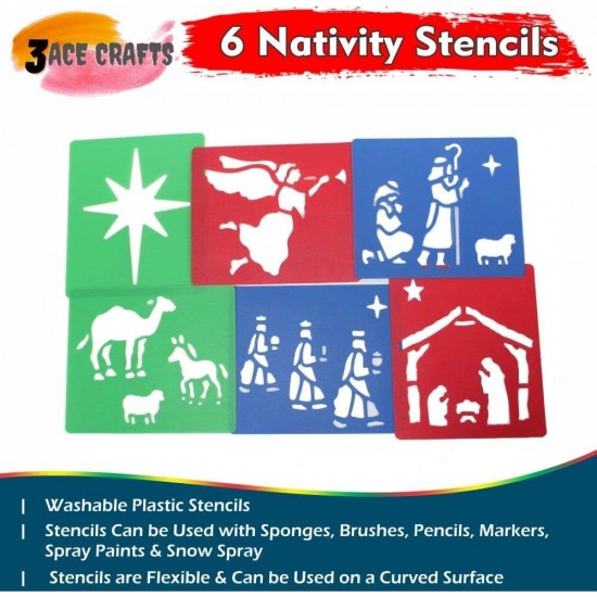  6  Stencils (Nativity) Reusable Plastic Templates -15.5 x 13cm,  Ideal for DIY, Painting, Scrapbooking & Crafts