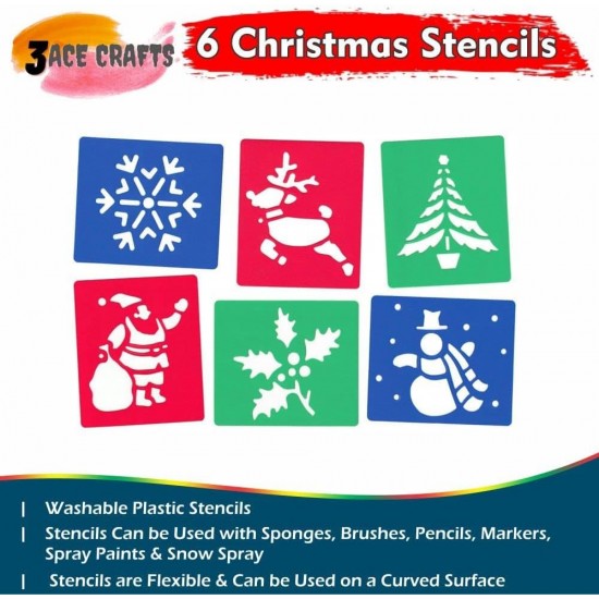 6 Stencils (Christmas) Reusable Plastic Templates -15.5 x 13cm, Ideal for DIY, Painting, Scrapbooking & Crafts