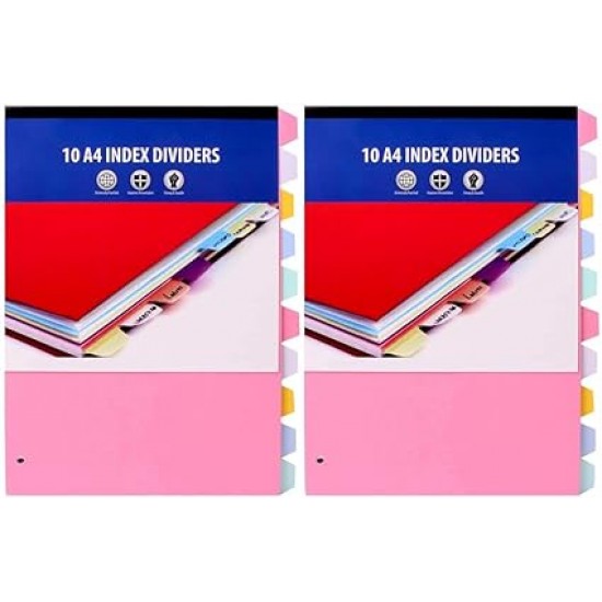 A4 Paper Index Divider Set of 10 , (Pack of 2) –  Assorted Color Tabs, Universally Punched, Durable Paper for Binders & Planners