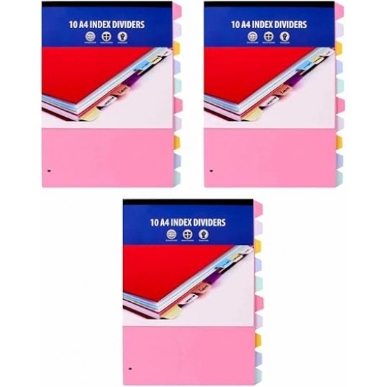 A4 Paper Index Divider Set of 10 ,(Pack of 3) – Assorted Color Tabs, Universally Punched, Durable Paper for Binders & Planners