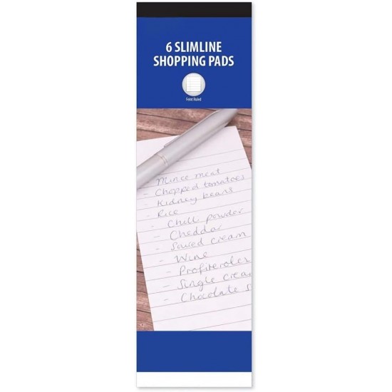 Set of 6 Slimline Shopping Pads ( Pack of 1) – 75mm x 210mm, Feint Ruled White Paper for Notes & To-Do Lists