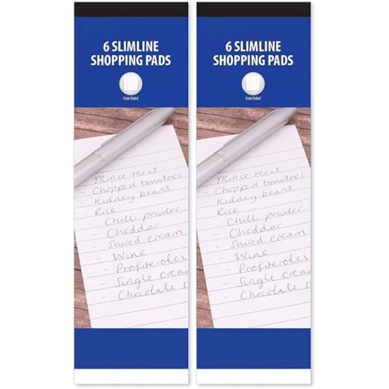 Set of 6 Slimline Shopping Pads ( Pack of 2) – 75mm x 210mm, Feint Ruled White Paper for Notes & To-Do Lists
