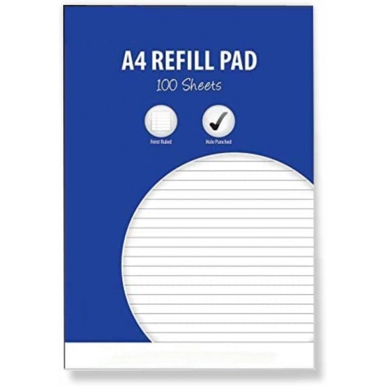 A4 100 Lined Sheets Refill Pad (Pack of 1) -53gsm, Feint Ruled , Hole Punched, Ideal for Home, Office, Busines, School or Student Use