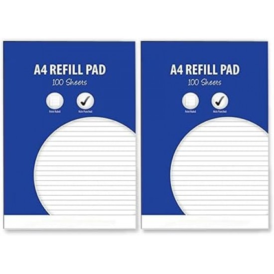 A4 100 Lined Sheets Refill Pad (Pack of 2) -53gsm, Feint Ruled , Hole Punched, Ideal for Home, Office, Busines, School or Student Use
