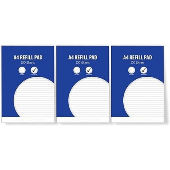 A4 100 Lined Sheets Refill Pad (Pack of3) -53gsm, Feint Ruled , Hole Punched, Ideal for Home, Office, Busines, School or Student Use