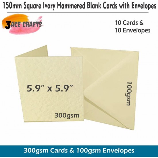 Ivory Blank Cards and Envelopes (Pack of 10) - Square Hammered, Perfect for Card Making, Invitations, and DIY Craft Projects