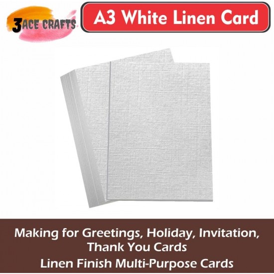 A3 White Card (Pack of 20)- Linen, 300gsm, Thick Paper for Arts & Crafts, School Projects, Professional Printing, Wedding Invitations