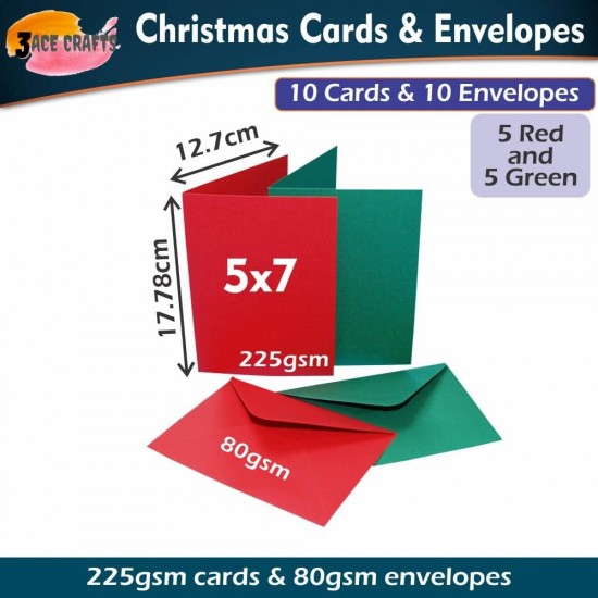  Christmas Cards & Envelopes (Pack of 10) –  5 x 7 Red & Green for Holiday, Invitations, Thank You & Crafts