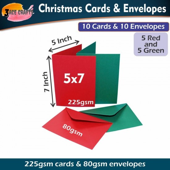  Christmas Cards & Envelopes (Pack of 10) –  5 x 7 Red & Green for Holiday, Invitations, Thank You & Crafts