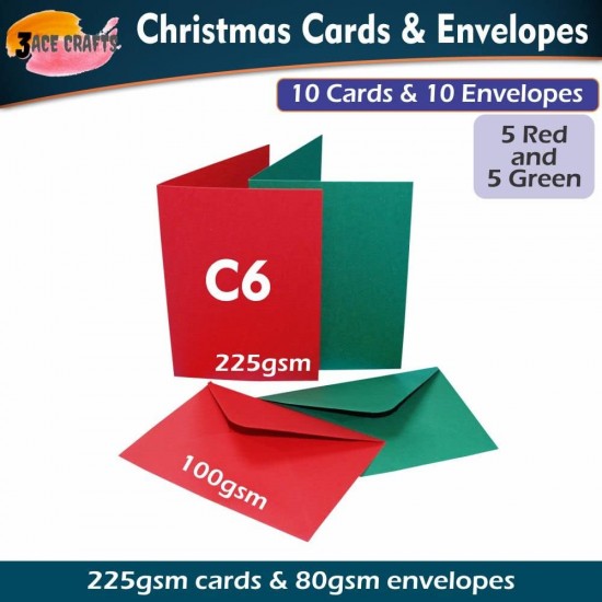 Christmas Cards & Envelopes (Pack of 10) – C6, Red & Green for Holiday, Invitations, Thank You & Crafts